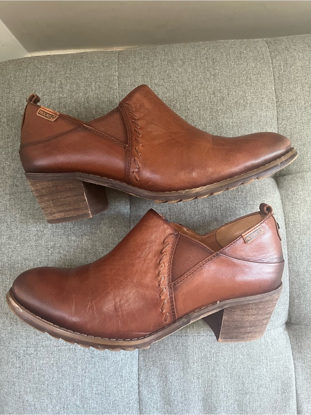 PIKOLINOS Baqueira Cognac Brown Leather Block Heel Western Cowgirl Ankle Boots